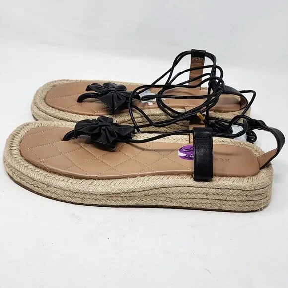Aerosoles Fanie Lace Up Black Leather Flower Espadrilles Sandals Size 9.5 Black - Picture 7 of 14